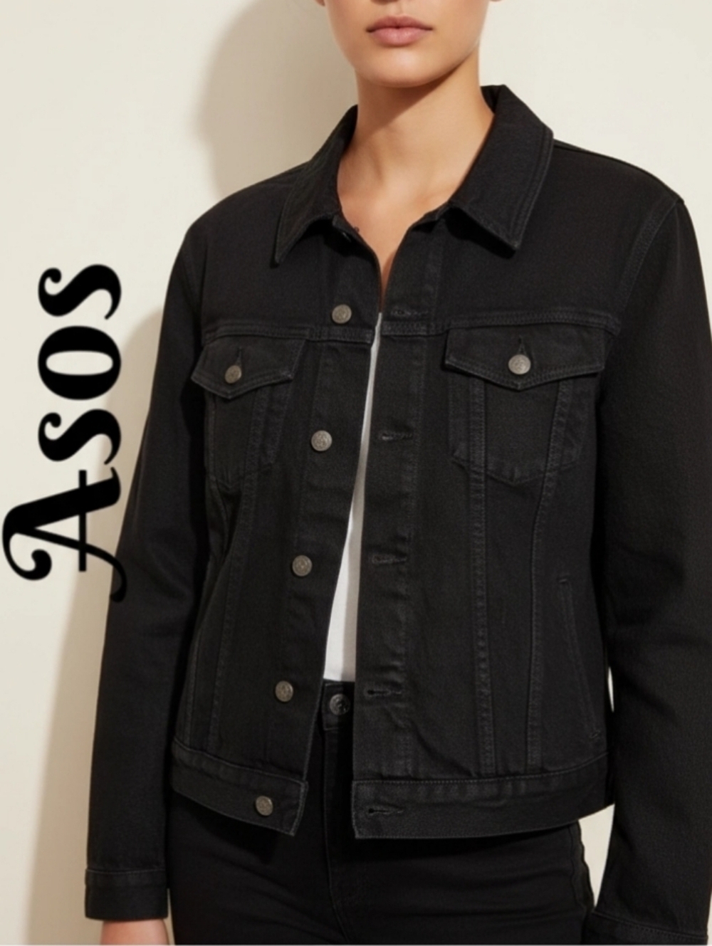 Asos Womens Trucker Black Denim Jean Jacket Sz L Front Medal Button Pockets